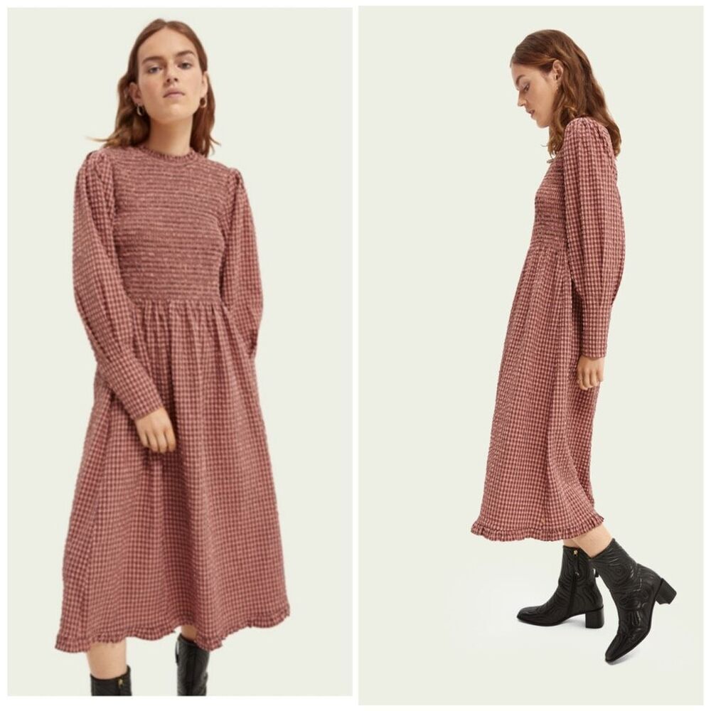 Scotch & Soda Women's Smocked Seersucker‎ Long Sleeve Midi Dress Coral Size XS
